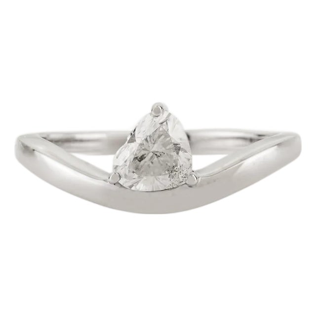 Heart-Shaped Diamond Solitaire Wave Ring Size 5.5 in 14k Solid White Gold Gift for Her For Sale