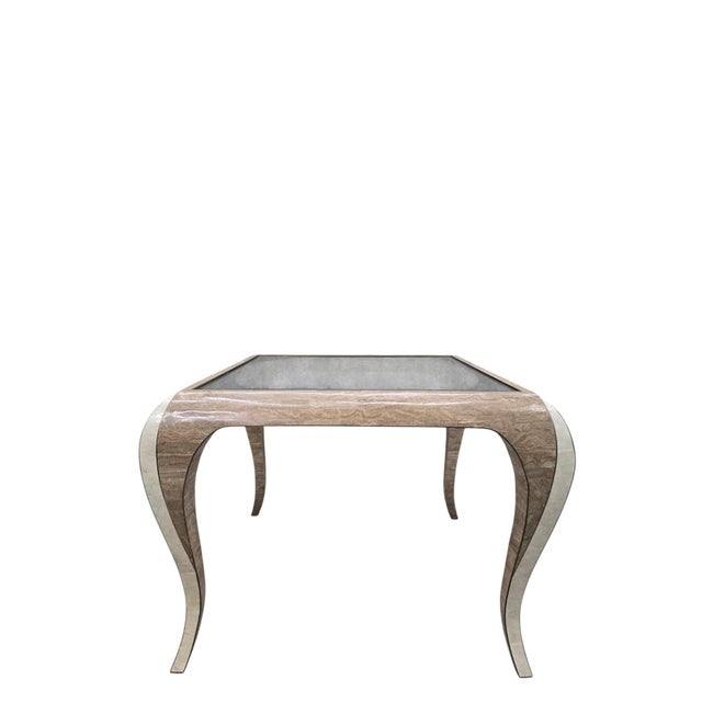 Postmodern Karl Springer Style Faux Travertine Waterfall Coffee Table with Glass Top A sophisticated Postmodern coffee...