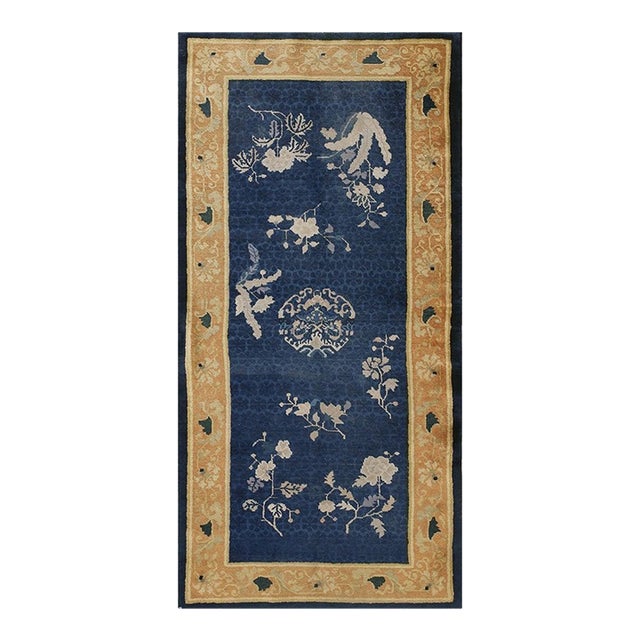 Small 1920s Navy Field Floral Deco Art Antique Chinese Peking Rug 3'2'' X 6'2' For Sale