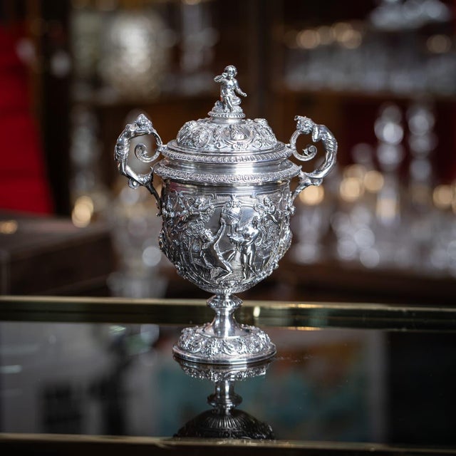 Antique late 19th century italian repoussé and chased solid silver covered urn, crafted in an elegant semi ovoid form and...