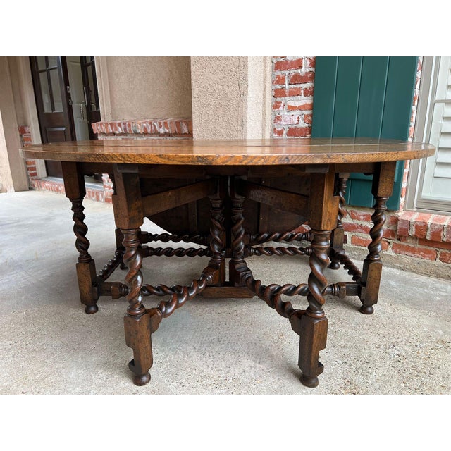 Wood Antique English Wake Dining Table Drop Leaf Barley Twist Jacobean Oak Console For Sale - Image 7 of 18