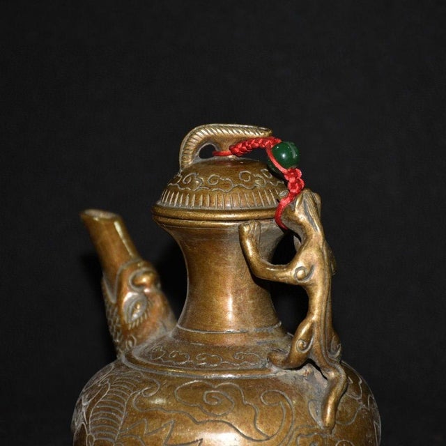 Asian Vintage Wine Ewer, Dragon Spout & Bat Engraved Motifs For Sale - Image 3 of 9