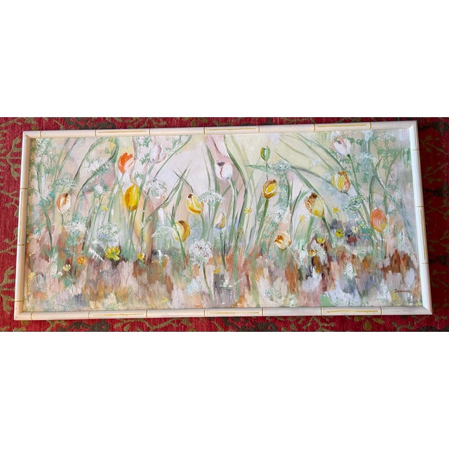 Late 20th Century “Tiptoe Through the Tulips” | Large Vintage Floral Garden Painting in Faux Bamboo Frame | 50” For Sale - Image 5 of 12