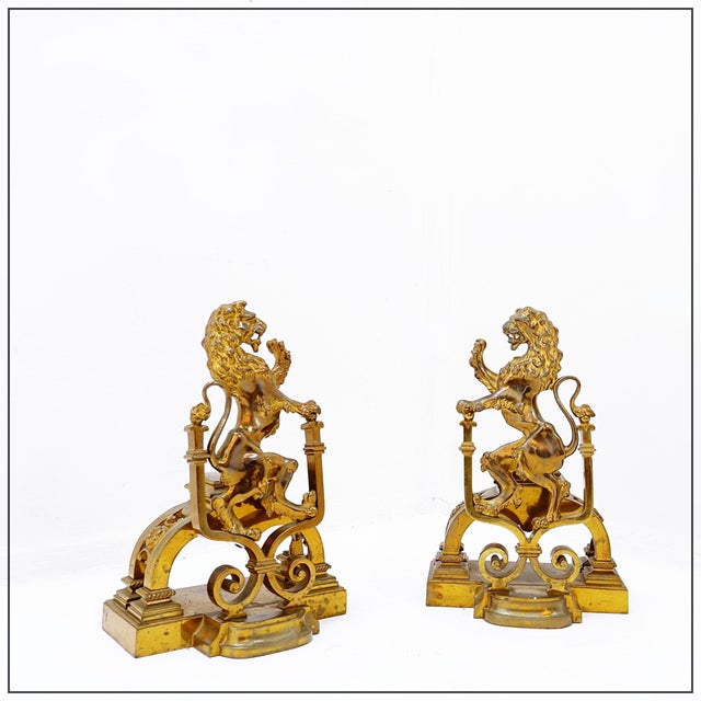 Antique Gilt-Bronze Andirons Depicting Rampant Lions, Set of 2 For Sale - Image 17 of 17