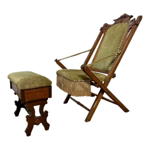 C. 1890s Victorian Era Campaign Chair With Lidded Ottoman