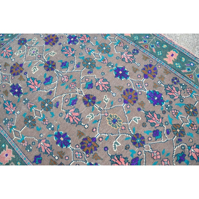 Tribal 1960s Floral Design Modern Blue and Gray Vintage Aztec Rug For Sale - Image 3 of 11