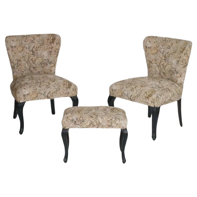 Art Nouveau Ebonized Walnut Armchairs and Ottoman Set, Set of 3 For Sale