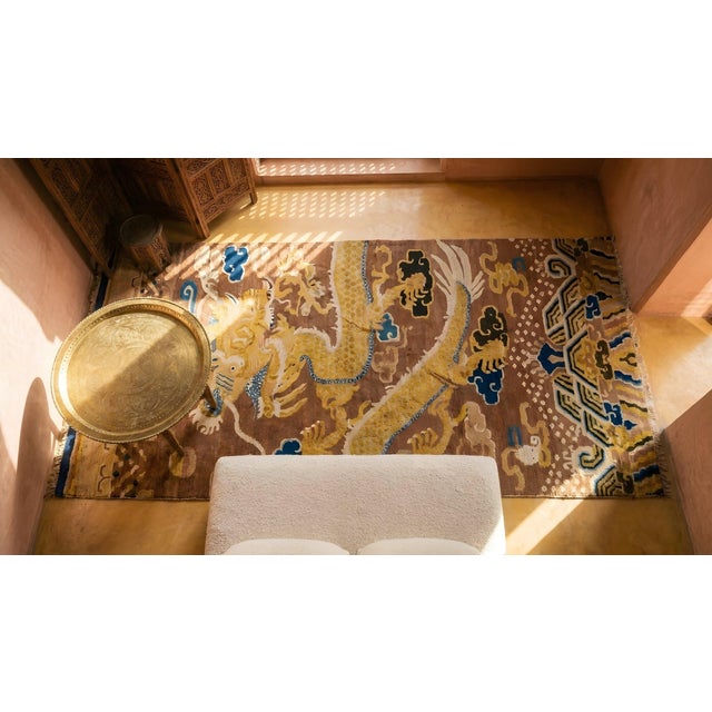 1820s Yellow Dragon Antique Chinese Ningxia Pillar Rug 3'4" X 8'8" Handknotted Wool Carpet For Sale - Image 9 of 9