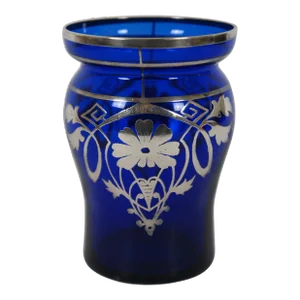 Early 20th Century Art Deco Cobalt Glass & Sterling Silver Ornate Overlay Floral Vase
