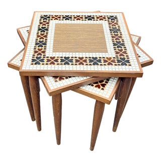 Vintage Modern 3 Stacking Nesting Tables Tile Top Design For Sale