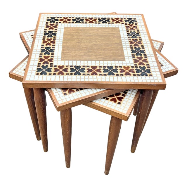 Vintage Modern 3 Stacking Nesting Tables Tile Top Design For Sale