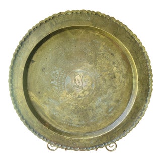 Lg VTG Oriental Brass Serving Tray or Wall Decor Hong Kong W/Hanger + Stand Boho For Sale
