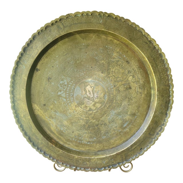 Lg VTG Oriental Brass Serving Tray or Wall Decor Hong Kong W/Hanger + Stand Boho For Sale