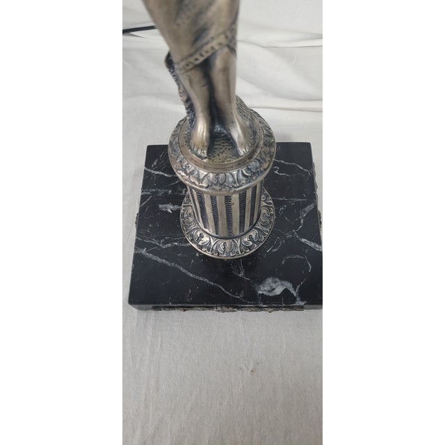 1900 Silver Plated Spanish Brass Statue Lamp With Mica Shade For Sale - Image 9 of 13