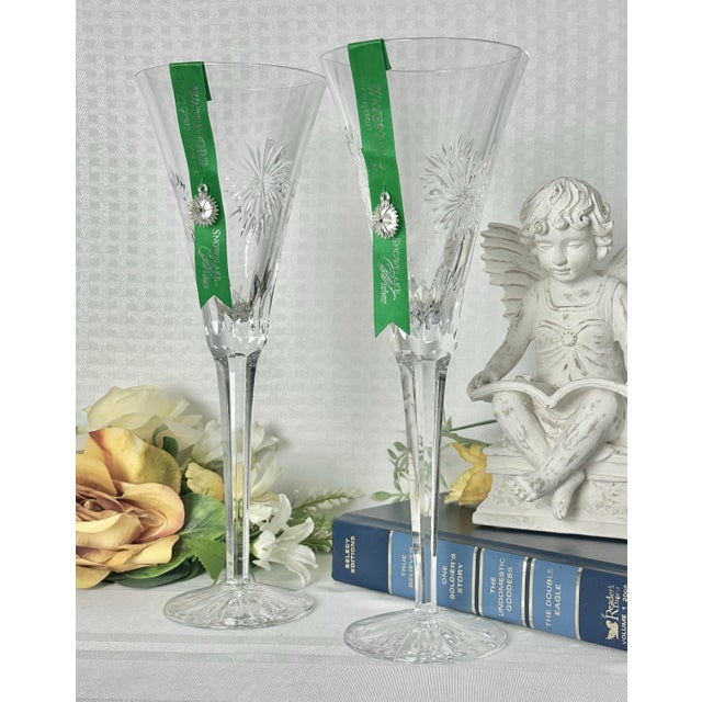 Snowflake Waterford Crystal Champagne Flutes Courage Charms Toasting Glasses- Set of 2 For Sale - Image 9 of 10