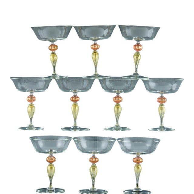 Murano Renaissance-Inspired Art Glass Champagne Coupes-Set of Ten For Sale