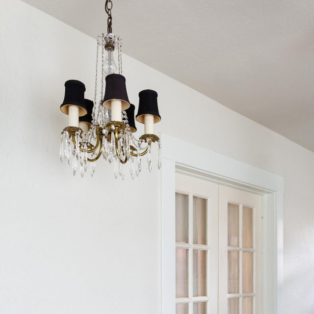 Brass Petite French Louis XV Style Five Arm Crystal Chandelier With Black Lampshades For Sale - Image 8 of 18