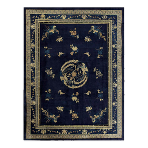 Artistic Blue Background With Chinese Bat Dragon and Bird of Paradise Design Antique Peking Rug