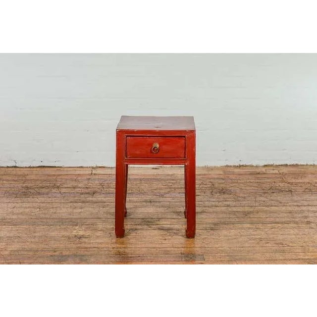 Late Qing Dynasty Red Lacquer Side Table with Single Drawer and Horse Hoof Feet For Sale In New York - Image 6 of 12