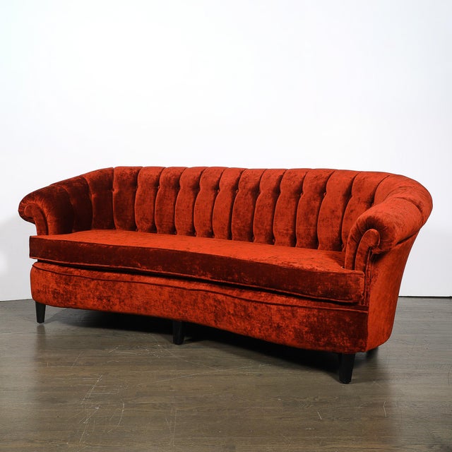 1940s Art Deco Curved Channel-Back Scroll-Arm Sofa With Ebonized Tapered Supports For Sale - Image 5 of 16