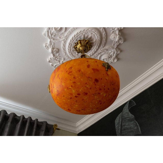 1930s French Art Deco Mottled Orange Glass & Brass Pendant Light, 1930s For Sale - Image 5 of 18