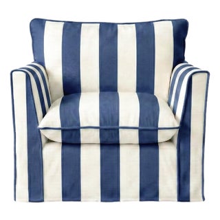 Sophie Conran Coco Armchair - Sea Holly Blue Wide Stripes with Knife Edge Cushion For Sale