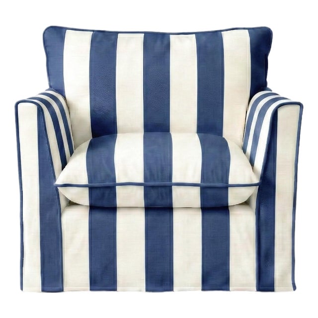Sophie Conran Coco Armchair - Sea Holly Blue Wide Stripes with Knife Edge Cushion For Sale