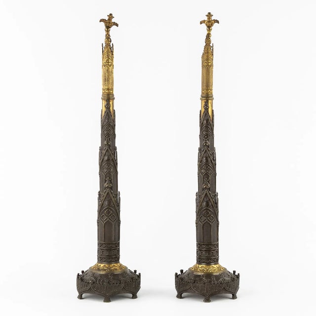 Mid 19th Century Pair of Antique Victorian Gothic Revival Gilt & Patinated Bronze Chimney Ornaments For Sale - Image 5 of 8