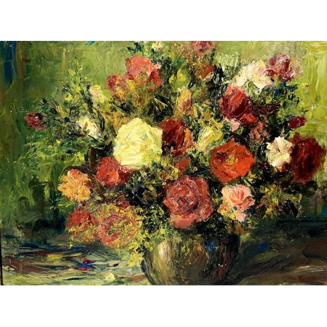 Antique European oil on cardboard, with relief painting,signed. Representing bouquet of flowers 28 1/8 x 32 1/2 in with...