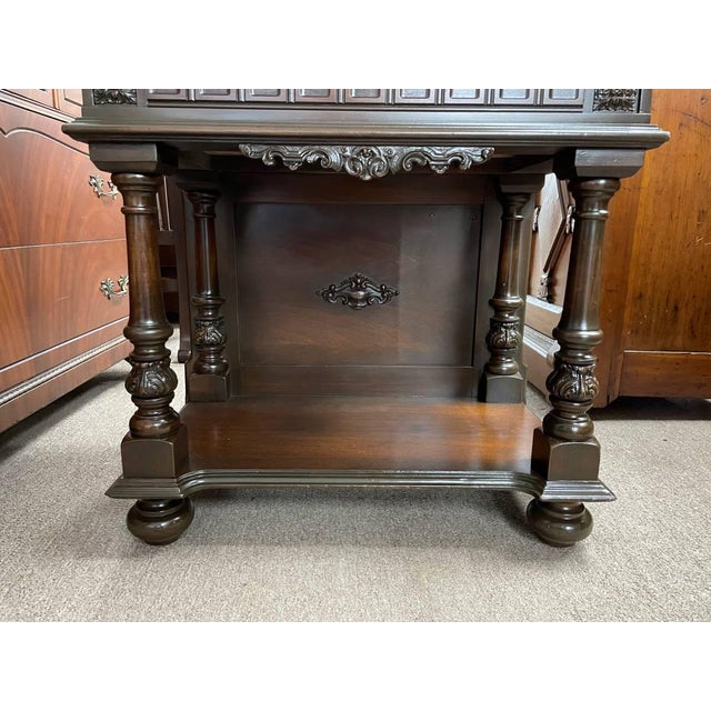 Jacobean Antique 1920's Hand Carved Walnut Bar Cabinet, Jacobean Revival, Refinished For Sale - Image 3 of 10