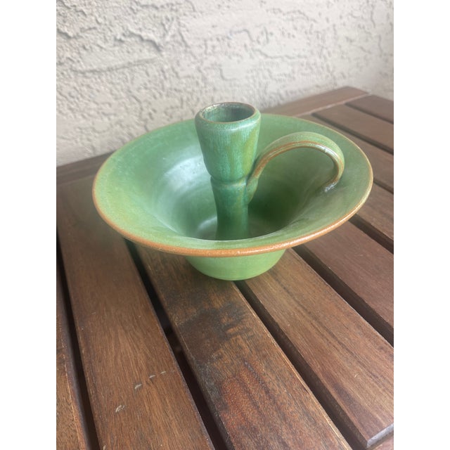 Folk Art Vintage Owens Pottery Matte Green Chamberstick Candle Holder For Sale - Image 3 of 4