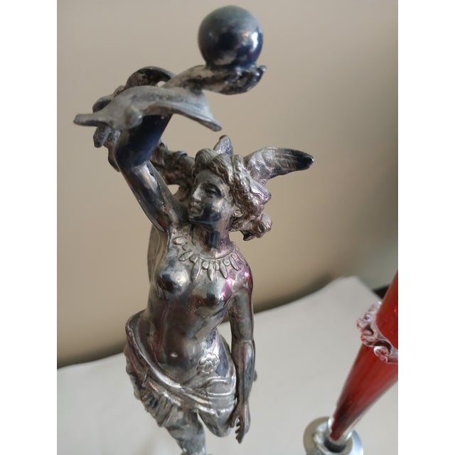 Metal Wilcox Figural Silver Plate Epergne With Cranberry Glass For Sale - Image 7 of 14