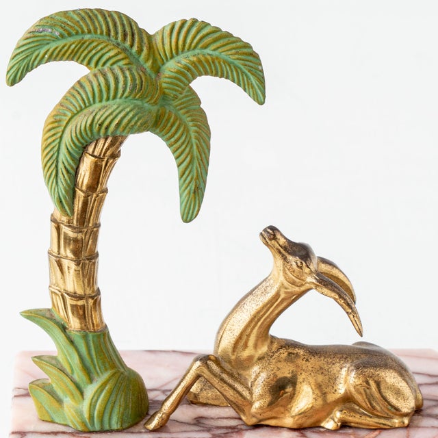 French Art Deco Gazelle and Palm Bookends on Pink Marble, 1920s, Set of 2 For Sale - Image 4 of 10