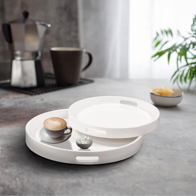 White White Lacquer Round Wood Tray Set For Sale - Image 8 of 11