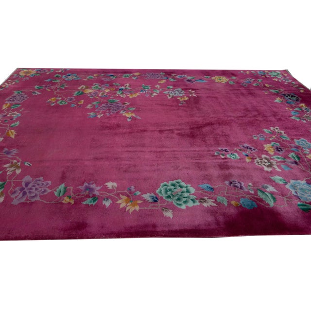 Pink Antique Art Deco Chinese Handmade Floral Wool Rug For Sale In New York - Image 6 of 9