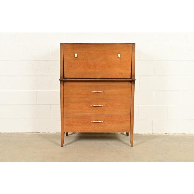 Mid-Century Modern John Van Koert for Drexel Profile Mid-Century Modern Sculpted Walnut Highboy Dresser, 1959 For Sale - Image 3 of 15