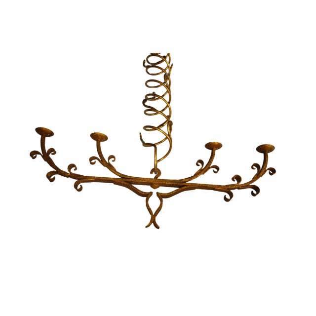 Gold Italian Mid Century Art Nouveau Forged Wrought Iron and Gold Gilt Chandelier For Sale - Image 8 of 8