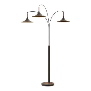 Lodi 3-Light Arc Floor Lamp - Matte Black, Walnut, Gold Leaf, Marble Base, Dimmer Switch For Sale