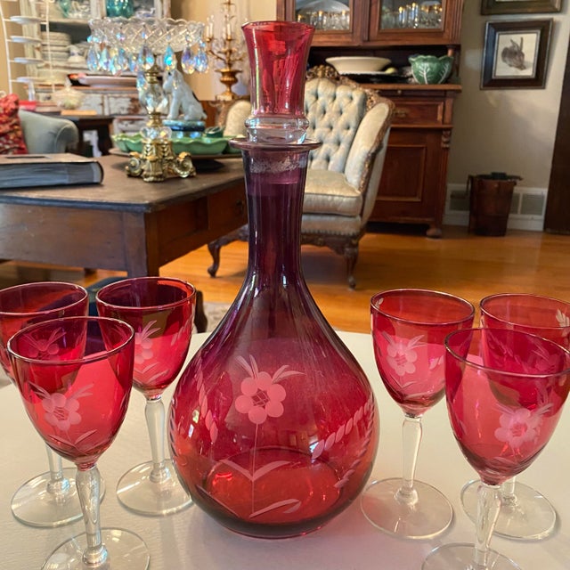 Glass Cranberry Glass Decanter 6 Port Glasses and Shot Glass Stopper For Sale - Image 7 of 14