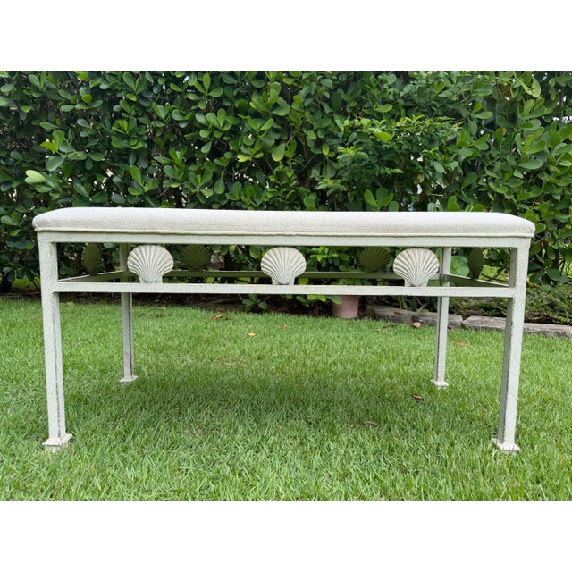 Vintage Palm Beach Scallop Shell Motif Upholstered Bench For Sale - Image 9 of 12