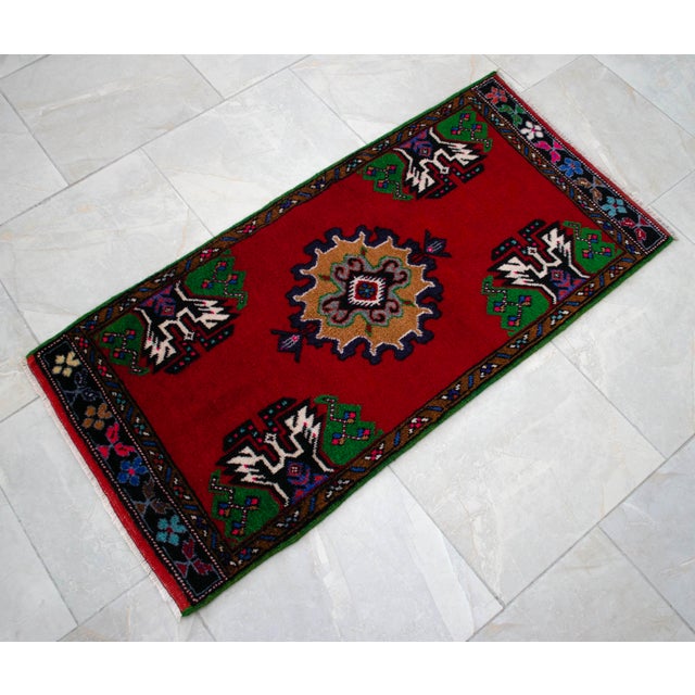 1970s 1970s Hand Made Turkish Mat Rug Small Rug Kitchen Mat Organic Wool - 1'11" X 3'10" For Sale - Image 5 of 10