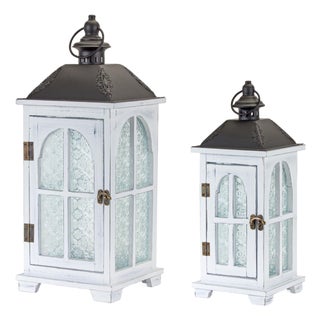 White Wood Lantern with Ornate Frosted Glass (Set of 2) For Sale
