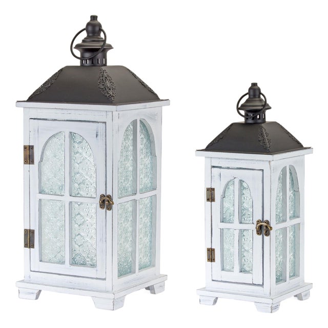 White Wood Lantern with Ornate Frosted Glass (Set of 2) For Sale