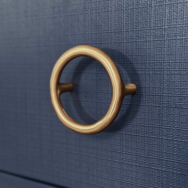 2020s Matthew Izzo Home Getty Navy Linen Three Drawer Chest With Antique Brass Circle Hardware For Sale - Image 5 of 6