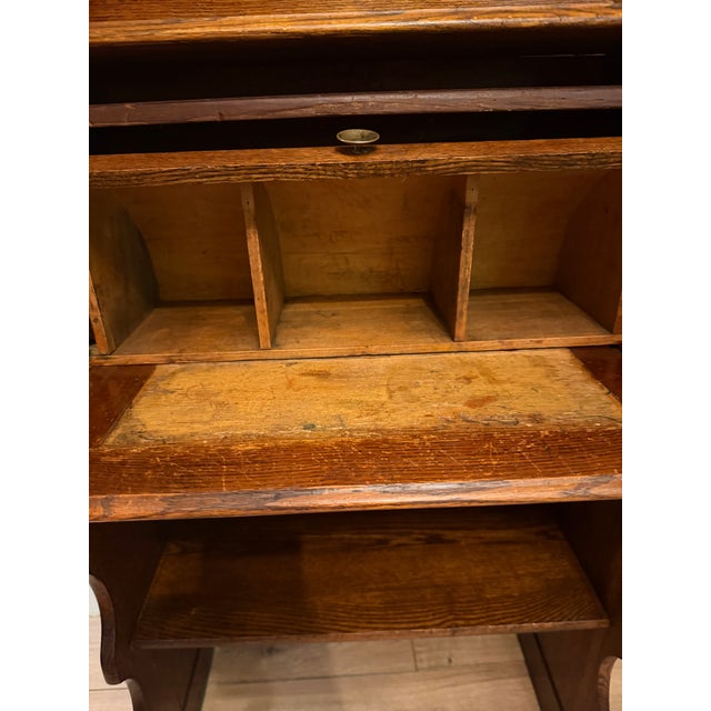 Brass Antique Quarter Sawn Solid Oak Child's Roll Top Trestle Desk - Original Brass For Sale - Image 8 of 13