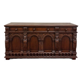 Antique English Renaissance Style Sideboard Server Entry Buffet Oak c.1930-40s For Sale