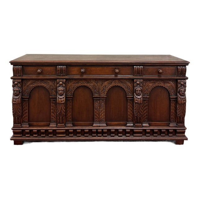 Antique English Renaissance Style Sideboard Server Entry Buffet Oak c.1930-40s For Sale