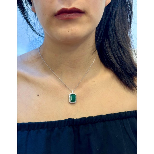 GIA Certified 8 Ct Natural Emerald Cut Emerald & Diamond Pendant, 14KWG Chain For Sale - Image 12 of 18