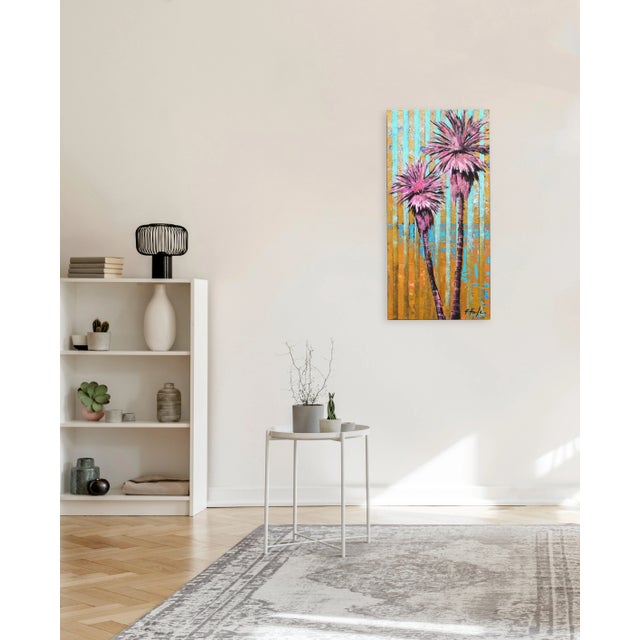 Textile Lollipop Palms - Original Modern Artwork With Turquoise and Gold Stripes on Canvas by Kathleen Keifer For Sale - Image 7 of 9