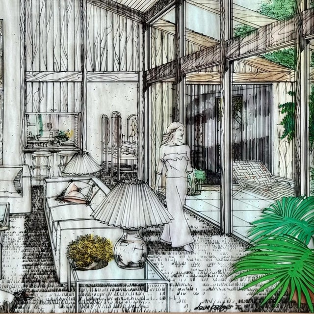1976 Dave Badger Contemporary Interior Architectural Rendering on Mylar Over Vellum For Sale - Image 4 of 4